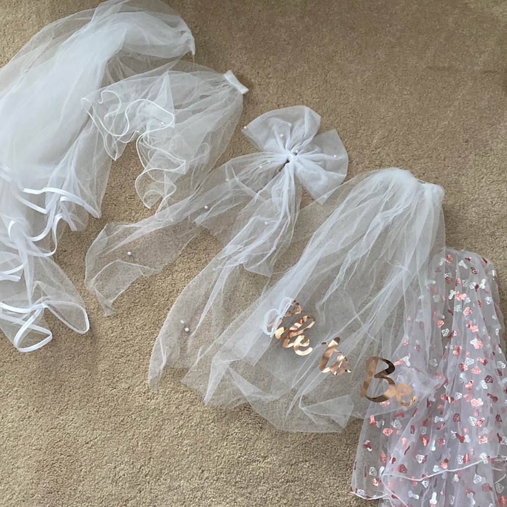 Assortment of veils for bachelorette party. Bridal veils